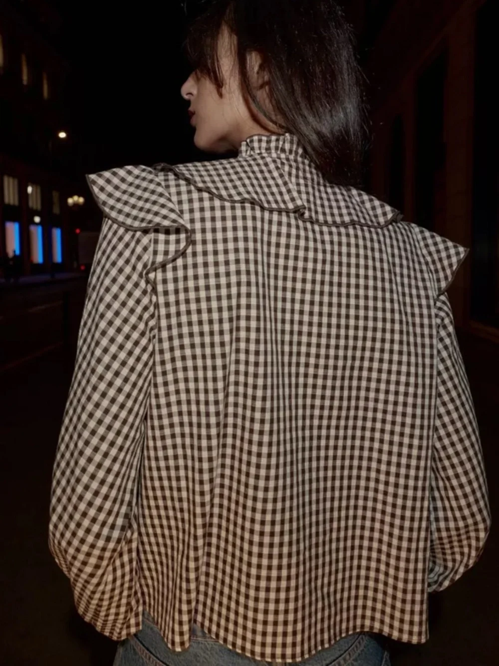 Zara Brown White Gingham Ruffle Shirt Top Sz S - Picture 3 of 14